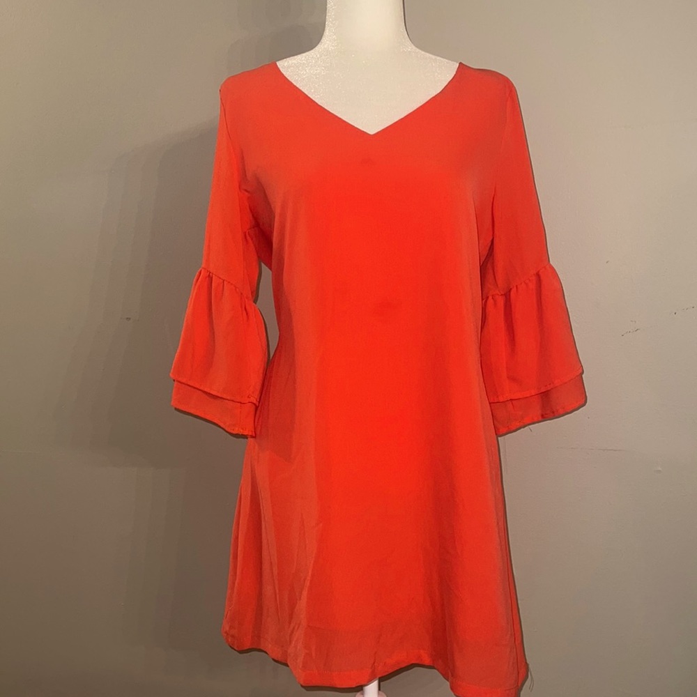 Lg orange V neck dress Has double bell sleeve Very classy looking dress …